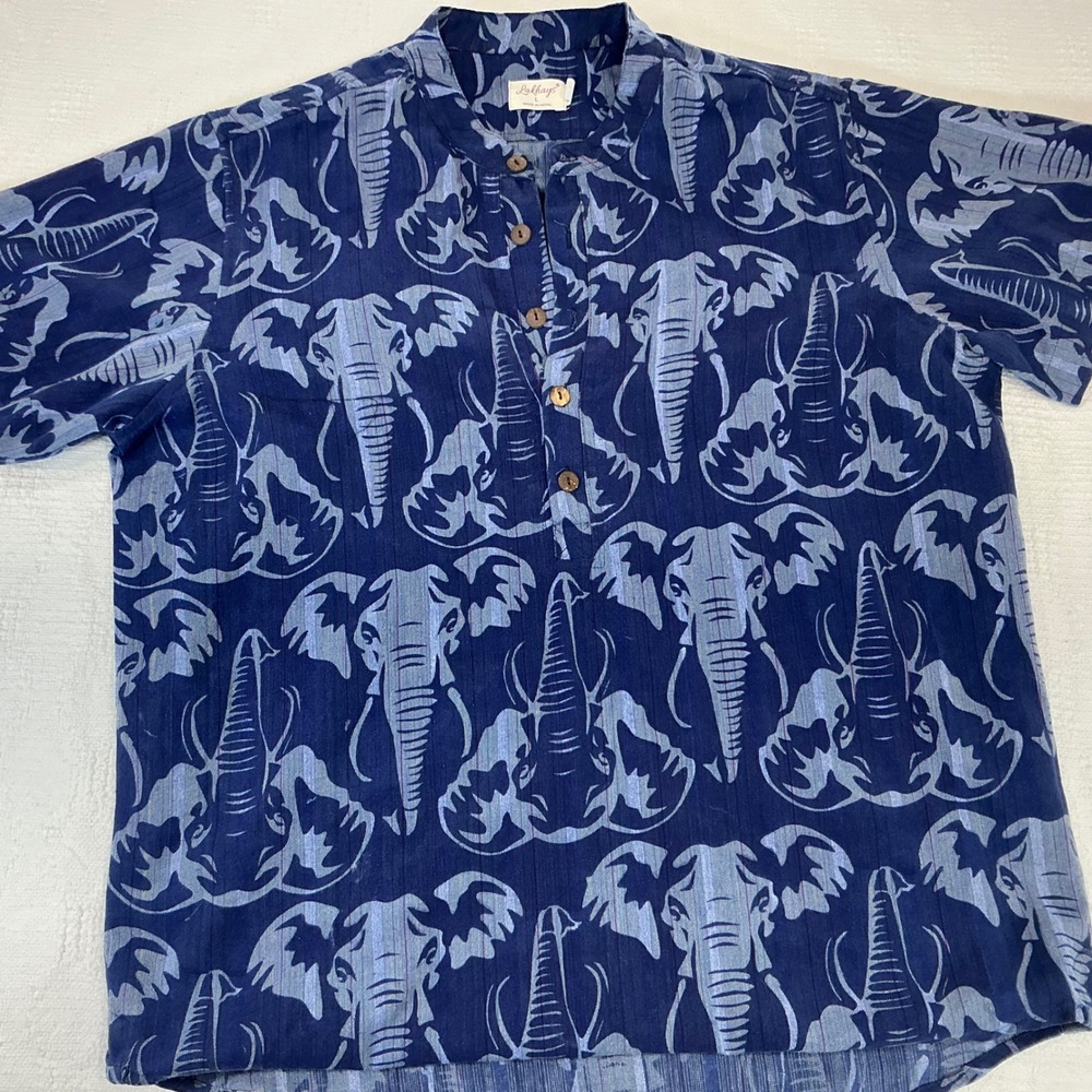 Lakhays Mens Blue Elephant Print Mandarin Collar Short Sleeve Henley Shirt L‎